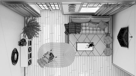 Blueprint unfinished project draft, farmhouse wooden living room, Sofa, rattan chest of drawers, jute carpet and decors. Boho chic interior design, top view, plan, aboveの写真素材