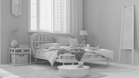 Total white project draft, wooden farmhouse bedroom in boho chic style. Rattan bed and furniture. Vintage interior designの写真素材