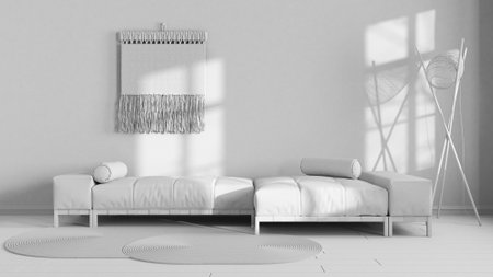 Total white project draft, wabi sabi living room with plaster wall. Minimalist fabric sofa and...