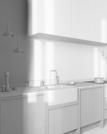 Total white project draft, japandi trendy wooden kitchen. Wooden cabinets, contemporary wallpaper and marble top. Wabi sabi, minimalist interior designの写真素材