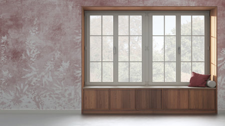 Country panoramic window with wooden siting bench in white and red tones. Wallpaper background with...