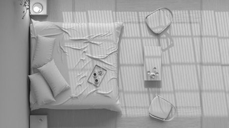 Total white project draft, japandi bedroom, japanese style. Double bed, tatami mats, armchairs, meditation zen space. Minimalist interior design, top view, plan, aboveの写真素材