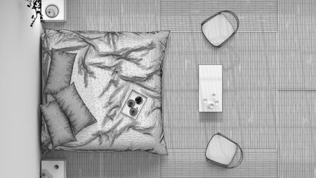 Blueprint unfinished project draft, japandi bedroom, japanese style. Double bed, tatami mats, armchairs, meditation zen space. Minimalist interior design, top view, plan, aboveの写真素材