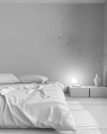 Total white project draft, japandi bedroom mock up. Japanese minimal interior design with copy spaceの写真素材