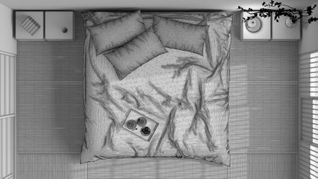 Blueprint unfinished project draft, japandi bedroom, japanese style. Double bed, tatami mats, armchairs, meditation zen space. Minimalist interior design, top view, plan, aboveの写真素材