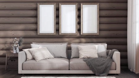 Log cabin living room in dark and beige tones, front view. Frame mock up, fabric sofa with pillows. Farmhouse interior designの写真素材