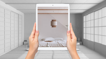 Hands holding tablet showing japandi bedroom, total blank project background, augmented reality concept, application to simulate furniture and interior design productsの写真素材
