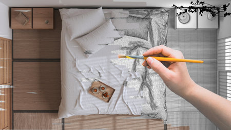 Blueprint project draft, sketch of japandi bedroom, hand painting interior details, design concept idea, parquet floor, chest of drawers, frame mockup, custom furnitureの写真素材