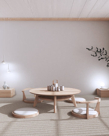 Minimalist Tea ceremony room mock up in bleached and beige tones, japanese style. Table and chairs, tatami mats. Japandi interior designの写真素材