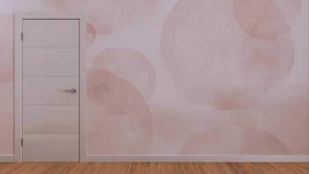 Closed door on white wall, mock up with copy space. Empty room with parquet floor and orange wallpaper. Minimalist interior designの写真素材