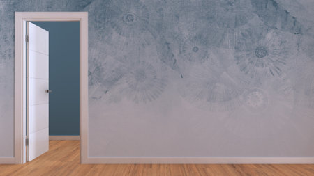 Open door on white wall, mock up with copy space. Empty room with parquet floor and blue wallpaper....