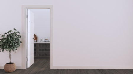 Open door on wooden rattan kitchen with gas hob, mock up with copy space. Empty room with dark...