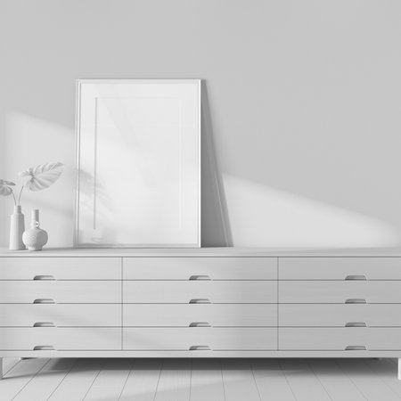 Total white project draft, living room close-up with frame mockup. Wooden chest of drawers. Farmhouse interior designの写真素材