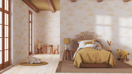 Farmhouse children bedroom in yellow and beige tones. Single bed with wall mockup. Parquet floor and wallpaper. Japandi interior designの写真素材