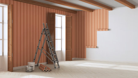 Empty room with white walls, wooden ceiling and parquet floor, shits of striped orange wallpaper on the wall with copy space. Housework conceptの写真素材