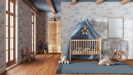 Wooden nursery with wallpaper in blue and beige tones with frame mockup. Canopy crib, carpet and toys. Vintage interior designの写真素材
