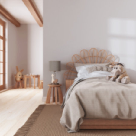 Blurred background, farmhouse children bedroom. Single bed with wall mockup. Parquet floor. Boho interior designの写真素材
