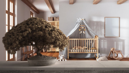 Vintage wooden table shelf with potted bloom bonsai, beige leaves, flowers, over scandinavian nursery, children bedroom, architecture conceptの写真素材