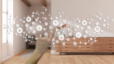 Glowing smart home interface, geometric background, connected line and dots showing internet of things system, hand pointing icons over japandi living room, home automationの写真素材