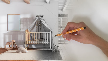 Architect interior designer concept: hand drawing a design interior project while the space becomes real, bohemian children bedroom in boho style, nurseryの写真素材