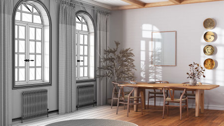 Architect interior designer concept: hand-drawn draft unfinished project that becomes real, classic...