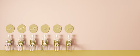 Diversity, ethnicity, sexual orientation, religion, words written on the wall with skeletons sitting on a chair. Banner with copy space, beige and yellow tones. Equality conceptの写真素材