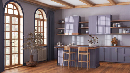 Rustic wooden kitchen in purple and beige tones with island and stools. parquet, shelves and cabinets. Farm house interior designの写真素材