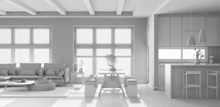 Total white project draft, minimalist living, dining room and kitchen. Fabric sofa and wooden dining table with benches, island with stools. Japan of interior designの写真素材
