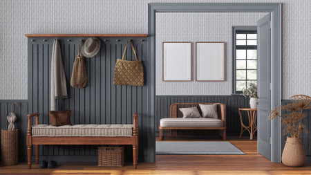 Farmhouse hallway and living room in white and gray tones with frame mockup. Wooden bench, coat rack and sofa. Parquet floor, vintage interior designの写真素材