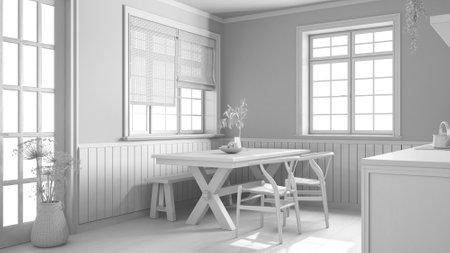 Total white project draft, farmhouse wooden dining room. Cabinets and table with chair and bench....