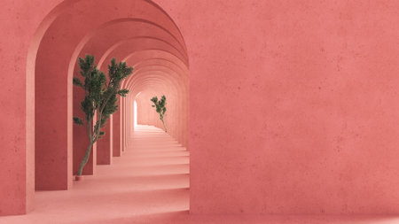 Metaphysics surreal interior design, imaginary fictional architecture. Archway with red marble walls...