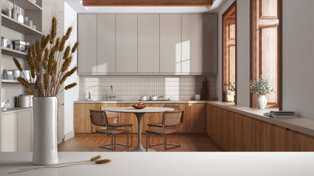 White table top or shelf with straws, dry plants, ornament, ears, sheaf, branch in vase, over modern...