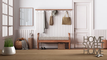 Wooden table, desk or shelf with potted grass plant, house keys and 3D letters home sweet home, over farmhouse hall, architecture interior design, copy space backgroundの写真素材