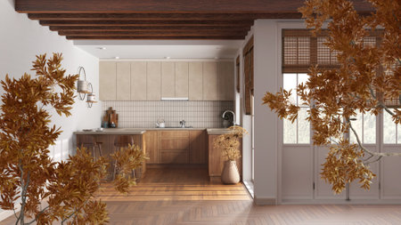 Orange yellow and red fall leaves, tree branch over interior design scene. Natural ecology concept...
