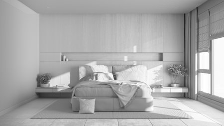 Total white project draft, modern bedroom with wooden headboard. Velvet bed, bedding, pillows and carpet. Minimalist interior designの写真素材