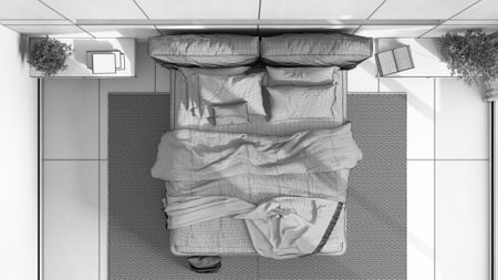 Blueprint unfinished project draft, modern bedroom with wooden headboard. Velvet bed, bedding, pillows and carpet. Top view, plan, above. Minimalist interior designの写真素材