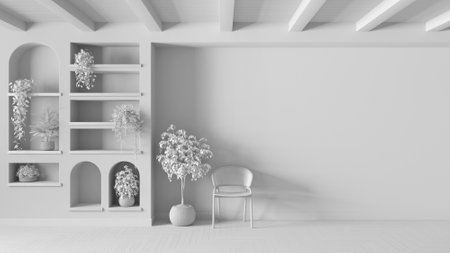 Total white project draft, waiting room interior design with copy-space. Wooden ceiling and parquet floor. Shelves with potted plants and rattan chairsの写真素材