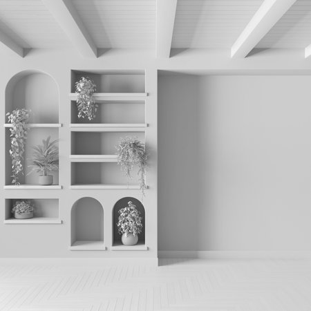 Total white project draft, empty room interior design with copy-space. Wooden ceiling and parquet floor. Shelves and niches with potted plants ad bonsaiの写真素材