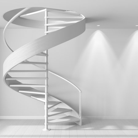 Total white project draft, spiral staircase in minimal apartment. Parquet floor and spotlights, template mockup. Goals achievement conceptの写真素材