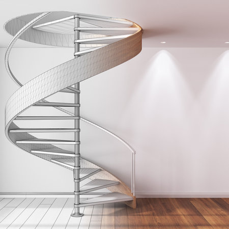 Architect interior designer concept: hand-drawn draft unfinished project that becomes real, spiral staircase in minimal apartment. Parquet floor and spotlightsの写真素材