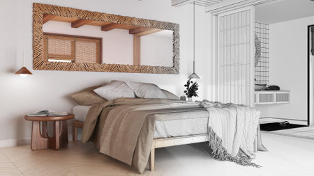 Architect interior designer concept: hand-drawn draft unfinished project that becomes real, spa,...