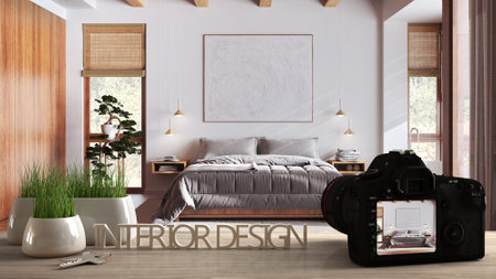 Architect photographer designer desktop concept, camera on wooden work desk with screen showing...