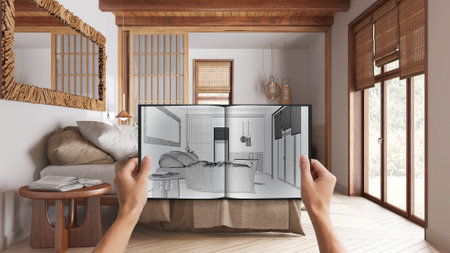 Hands holding notepad with japandi bedroom design blueprint sketch or drawing. Real interior design...