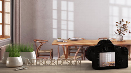 Architect photographer designer desktop concept, camera on wooden work desk with screen showing...