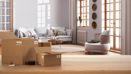 Wooden table, desk or shelf with stack of cardboard boxes over blurred view of farmhouse living room in boho style, bohemian interior design, moving house concept with copy spaceの写真素材