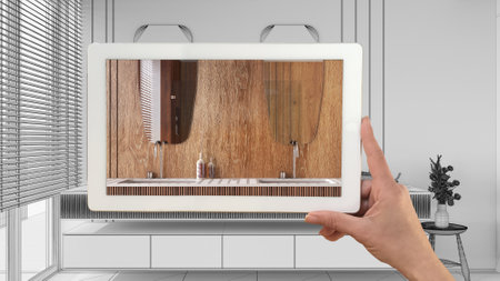 Augmented reality concept. Hand holding tablet with AR application used to simulate furniture products in custom architecture design, black ink sketch, farmhouse bathroomの写真素材
