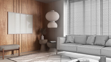 Architect interior designer concept: hand-drawn draft unfinished project that becomes real, frame...