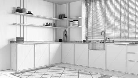 Blueprint unfinished project draft, modern wooden kitchen. Cabinets, sinks and shelves. Window with blinds and marble tiled floor. Minimalist interior designの写真素材