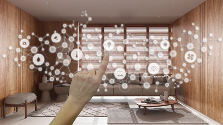 Glowing smart home interface, geometric background, connected line and dots showing internet of things system, hand pointing icons over wooden minimal living room, home automationの写真素材