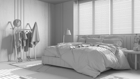Total white project draft, wooden cozy bedroom. Master bed with pillows and duvet, window with venetian blinds, carpets and decors. Minimalist interior designの写真素材